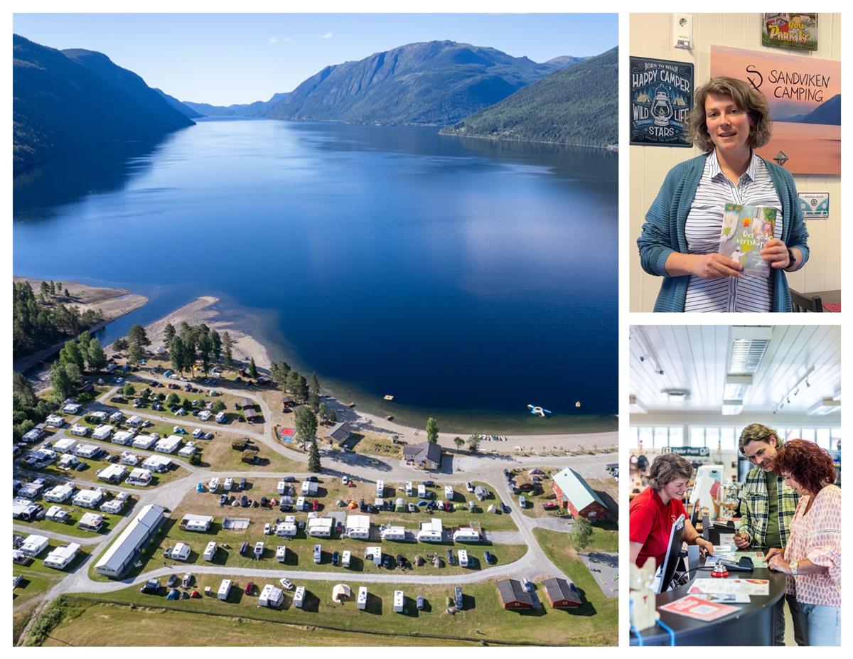 Fotomontasje fra Sandviken camping, med oversiktsbilde og eier Annette Fagerberg. - Klikk for stort bilde