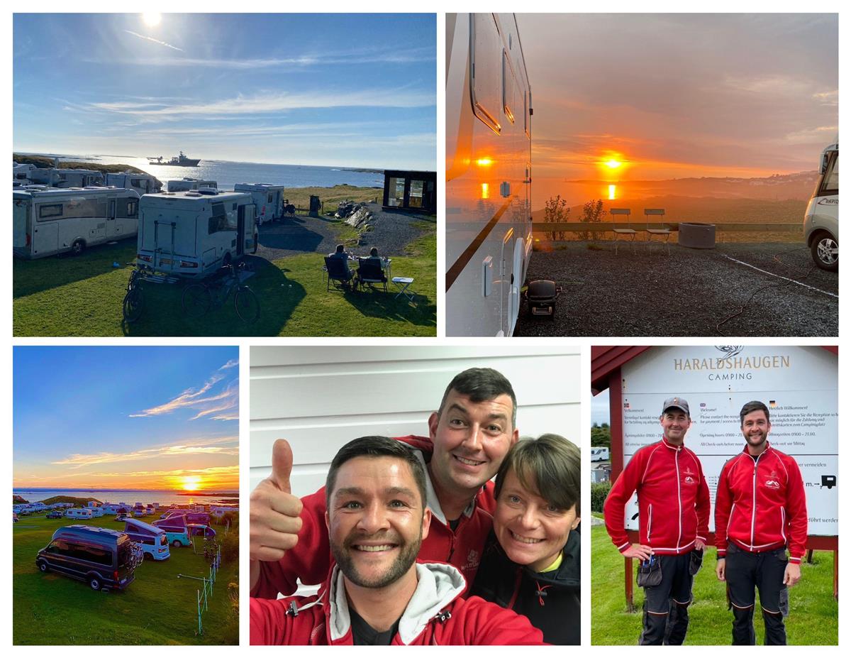 Fotomontasje som viser Haraldshaugen camping, og medeier Adrian Thomson. - Klikk for stort bilde